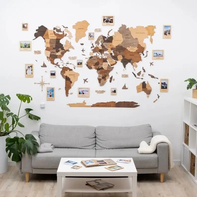 Chunlei OEM mapa del mundo nuevo estilo 3D madera mapa del mundo con luz decoración del hogar