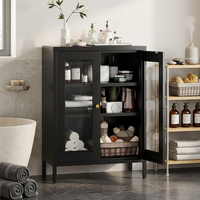 Meuble de rangement noir pour la maison avec portes vitrées et étagères, buffet autoportant pour salon, salle de bain, chambre et cuisine