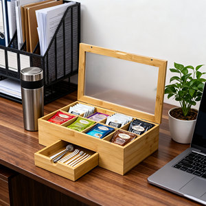 GL 8 ngăn hộp trà tre với thiết kế cổ điển hình chữ nhật lưu trữ tổ chức có nắp đậy acrylic và ngăn kéo - Product Image 4