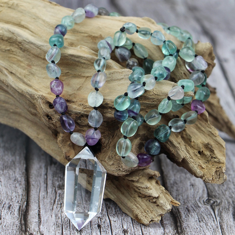 Double Quartz Stick Points Handcrafted Necklace,108 Mala Beads,Yoga Jewelry,Rainbow Fluorite Mala Necklace,Knotted Necklace Wholesale
