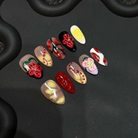 Ongles à presser faits main de luxe, élégants et best-sellers, avec motifs floraux en relief 3D, lignes peintes à la main et pois, prêts à poser