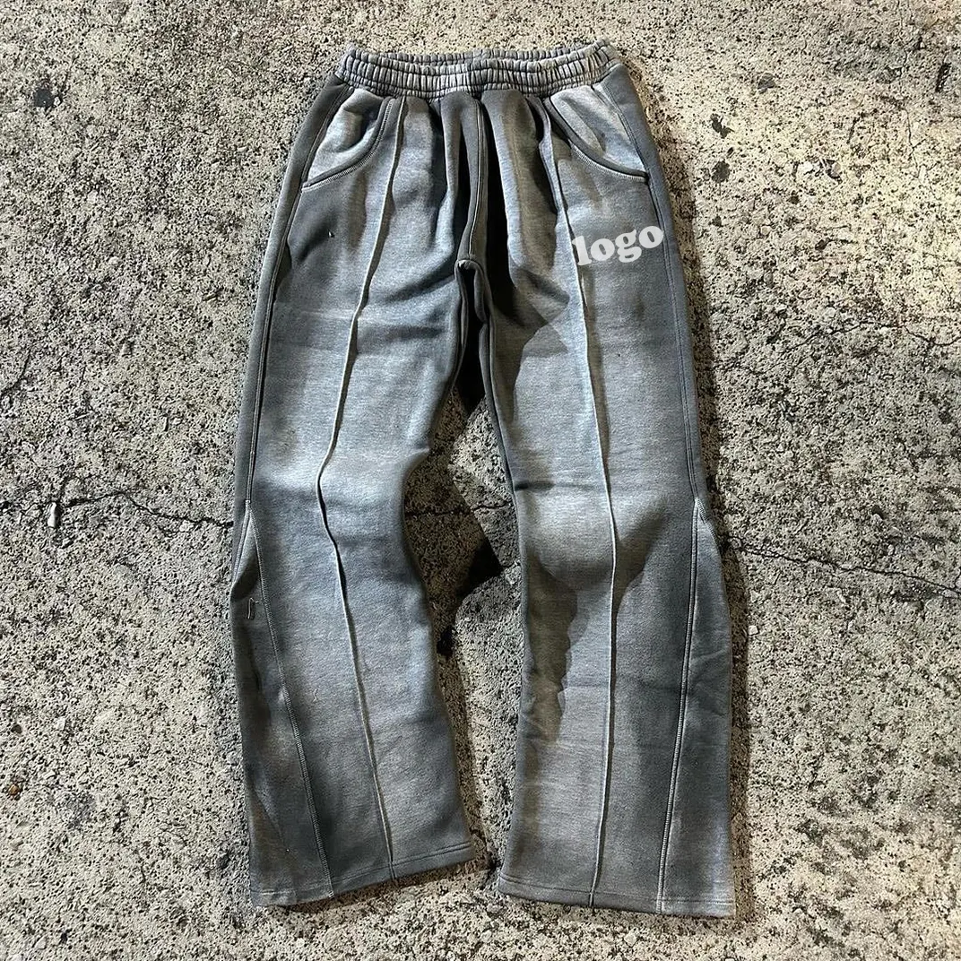 Produttore di pantaloni della tuta lavati con acido sovradimensionato pantaloni da jogging tagliati cuciti a zampa per uomo