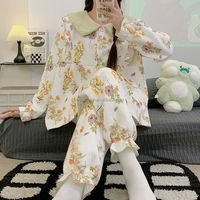 Pyjama imprimé floral vintage pour femmes, tailles M-5XL, style doux, manches longues, vêtements de nuit en coton thermique pour l'automne et l'hiver