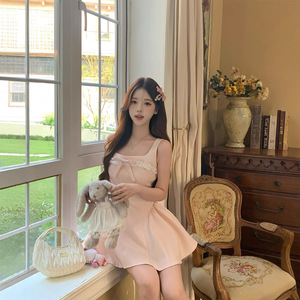 Vestido Midi de Gasa Estilo Francés con Lazo Rosa, Cuello Cuadrado, Falda Princesa con Vuelo, Transpirable, Verano 2025, Nuevo Estilo - Product Image 3