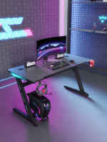 Bureau de jeu en forme de Z 100-120-140 CM Table de jeu noire Bureau d'ordinateur frais avec lumière RVB pour PC