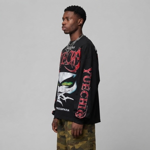 Custom Double-Sided Graphic Print Vintage Washed Black Long Sleeve Tee Men Distorted <strong>Flame</strong> Print Hip Hop Streetwear Cotton <strong>Shirt</strong> - Product Image 4