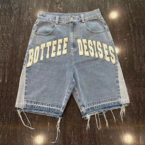Custom Embroidered Patches Logo Manufacturer Raw Hem Cut Edge Distressed Streetwear Hip Hop Cargo Jean <strong>Shorts</strong> for Men - Product Image 1