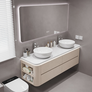 Moderno bagno <span class=keywords><strong>in</strong></span> <span class=keywords><strong>legno</strong></span> vanità doppio lavabo impermeabile bagno bancone lavabo lato armadietto bagno - Product Image 2