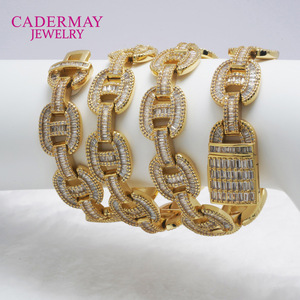Cadermay Gold Cuban Chain Bracelet 15mm Micro Paved Moissanite Hip Hop Jewelry Gift - Product Image 1