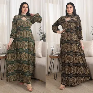 Eid Hot Sale Islamische Kleidung Frühling Arabische Kleider Abendkleider Abaya Frauen Muslimische Kleider Bedruckte Gürtel Heiße Bohr roben