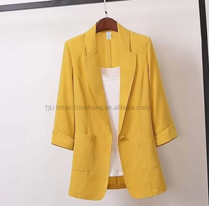 Manteau de costume décontracté pour femme en coton et lin respirant, manches 3/4, mi-longueur, grande taille, tendance - Product Image 6