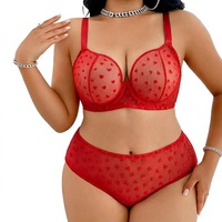 ODM Set Pakaian Dalam Wanita Ukuran Besar Transparan Berbahan Jala Motif Hati Merah Romantis 2 Potong Bra dan Celana Dalam