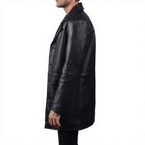 <b>Men's</b> Genuine Leather Eco-Friendly Breathable Waterproof Anti-Wrinkle Mandarin Collar <b>Double</b> <b>Breasted</b> Long Winter <b>Overcoat</b> - Product Image 5