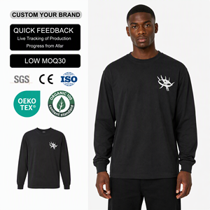 เสื้อยืดครอปปักลายขายส่งสำหรับผู้ชาย พรีเมียม ผ้าฝ้ายหนา 100% ทรงโอเวอร์ไซส์ แขนยาวลายวาฟเฟิล - Product Image 1