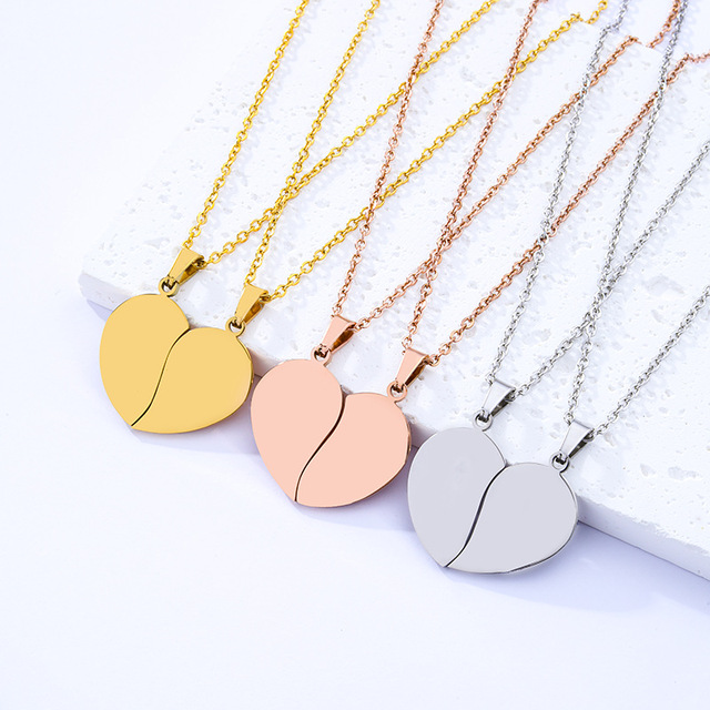 Love Stainless Steel Necklace for Couples Half Hearted Design Blank Wordless Laser Engraving and Printing Pendant Material