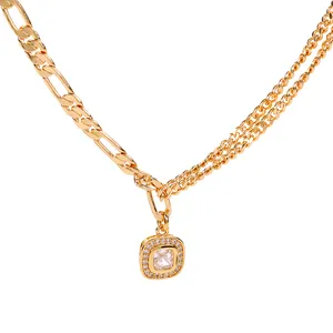 18K Gold Plated Cuban Chain Figaro Chain Combination Square Zirconia Necklace Charm Fashion Necklace