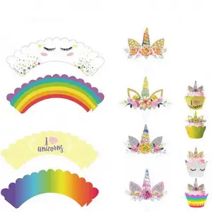 Atasan Cupcake Unicorn dan Set Pembungkus 24 Unicorn, Perlengkapan Pesta Ulang Tahun Dekorasi Kue Klakson Unicorn