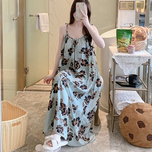 Estate estiva motivo floreale in cotone camicia da notte in seta elastico in vita bretelle per maternità abito per lunghe vacanze al mare - Product Image 3