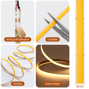 Ruban <span class=keywords><strong>LED</strong></span> COB 400 <span class=keywords><strong>LED</strong></span>/m 5mm de large DC12V 10W/M CRI 92+ Sans points IP20 Dimmable Flexible pour Décoration Intérieure d'Armoires - Product Image 4