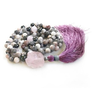 ST0663 Open The Heart Mala Necklace 6mm Pink Zebra Jasper Raw Rose Quartz Guru Bead 108 Beads Hand Knotted Necklaces Malas