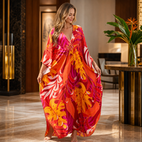 Kaftan de plage pour femme à imprimé feuilles tropicales, robe de plage ample à col en V et manches chauve-souris, protection solaire, paréo de maillot de bain surdimensionné