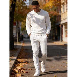 Ensemble de survêtement 2 pièces pour homme FOXA, sweat-shirt à manches longues et pantalon de jogging, tenue décontractée en coton blanc respirant - Product Image 2