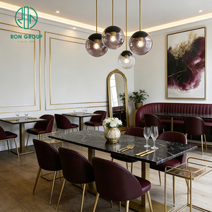 Table de luxe légère avec plateau en pierre frittée et cadre métallique, chaise en cuir rouge, banquette, mobilier pour restaurant et café - Product Image 6