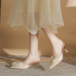 Satin <b>Pointed</b> <b>Toe</b> <b>Mules</b> With Bow Decoration Korean Style High Heel Women's Shoes All Seasons Fashion Trend - Product Image 2