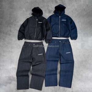 Jean Suit Clothing Custom Denim Pullover Zipper Jackets Set Two Piece Raw Selvage Japanese Oversized Heavyweight Denim <b>Pants</b> Set - Product Image 1