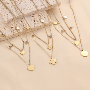 Collar con Colgante de Moda, Acero Inoxidable, Chapado en Oro, Forma de Corazón, Cadena de Doble Capa, Joyería para Uso Diario, Regalo - Product Image 1