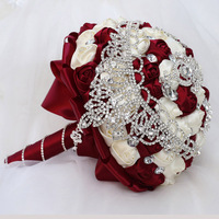 Buket Bunga Mawar Kristal Poliester Buatan Tangan Berkualitas Tinggi Grosir untuk Pengantin, Pengiring Pengantin, Pernikahan, Dalam/Luar Ruangan