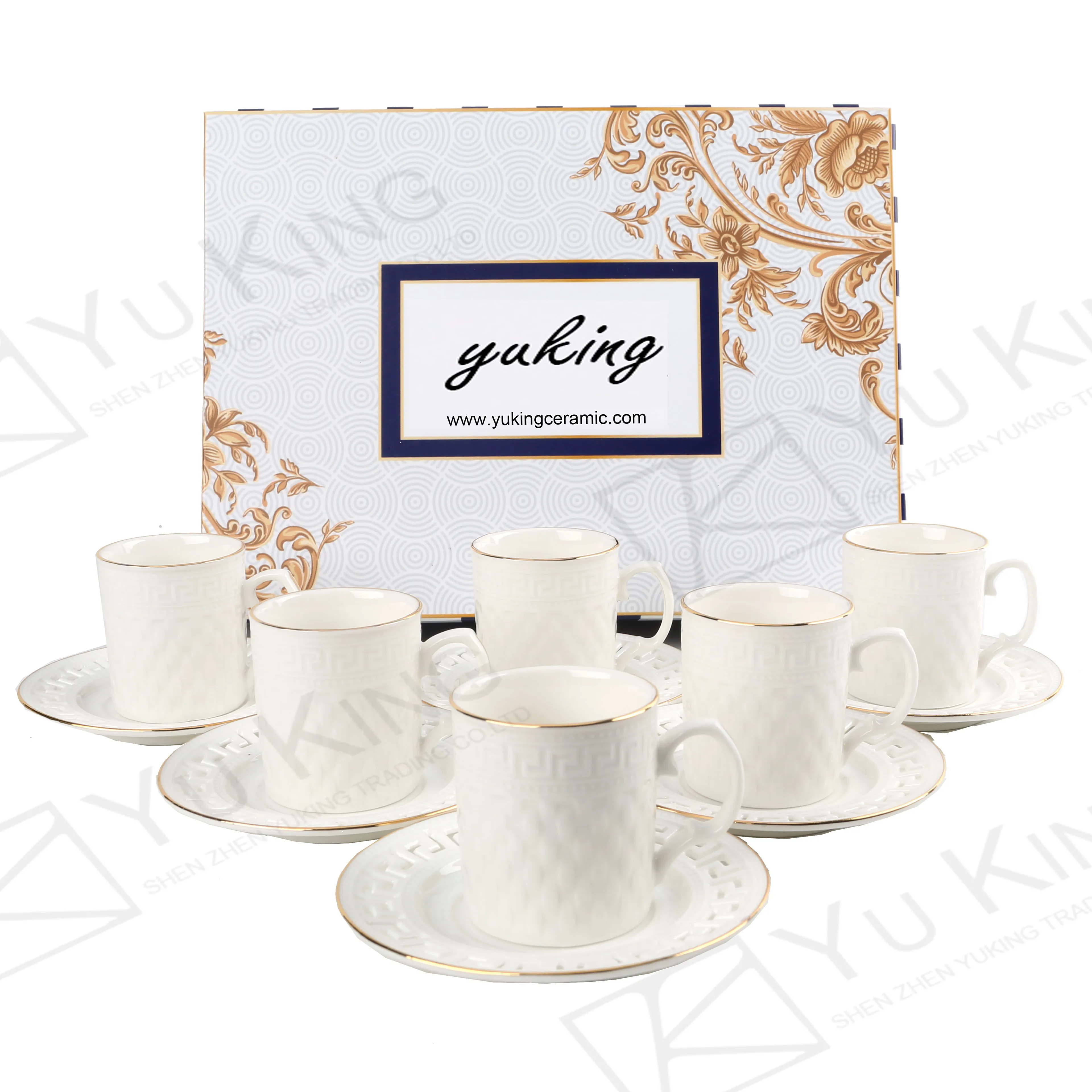 Yuking Factory Simple New Design Ethiopian Ceramic Coffee Cup and Saucer Set Use Color Box 12 Piece Set