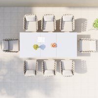 Ensemble de salle à manger extérieur moderne et contemporain en aluminium, 9 pièces, extensible, blanc, avec chaises à bras tressées, pour cour et appartement