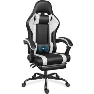 Meilleure vente en gros Fauteuil inclinable en cuir Chaise de <span class=keywords><strong>gamer</strong></span> de massage blanche et noire Chaise de gaming en pvc entièrement roulante pour ordinateur avec repose-pieds - Product Image 1