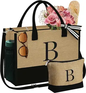 Custom Printed Burlap Handbag Eco Jute Bag Custom Leather Handle Bag Burlap Tote Bags Jute