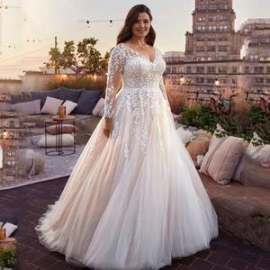Elegant V-Neck Long Sleeve Tulle A-Line Wedding Dress With Lace Applique Natural Waistline Vintage Style - Product Image 4