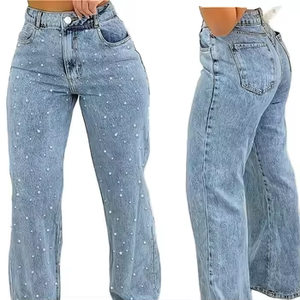 2025 mode baru Rhinestones Vintage Blue <span class=keywords><strong>Jeans</strong></span> Hot modis wanita celana <span class=keywords><strong>Baggy</strong></span> grosir wanita biru Jean semua musim - Product Image 3