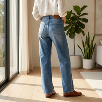 Jean droit taille haute pour femme, style coréen simple, délavé clair, mignon, tissé, décontracté, pour le quotidien et les trajets, style rétro, été