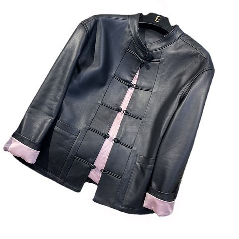 3158 Hot Selling Chinese Style Stand Collar Single Breasted Solid Color Casual Real Leather Coat for Women