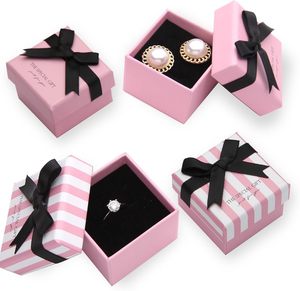 Cajas de Regalo para Joyería, Caja de Regalo Cuadrada Rosa de Cartón para Exhibición de Anillos, Broches, Pendientes, Rosa <span class=keywords><strong>con</strong></span> Rayas Blancas - Product Image 4