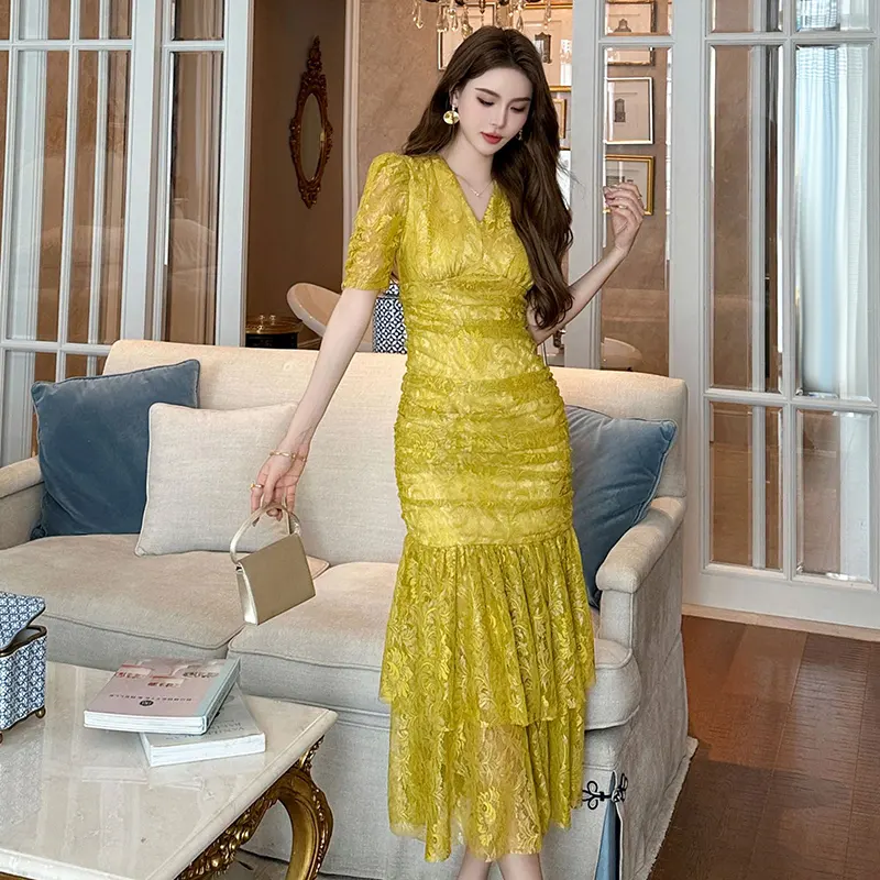 ZYHT 21186 Bodycon 주름 장식 Vestidos Elegantes 노란 가운 여성 드레스 레이스 모델의 드레스 파티 레이디 드레스