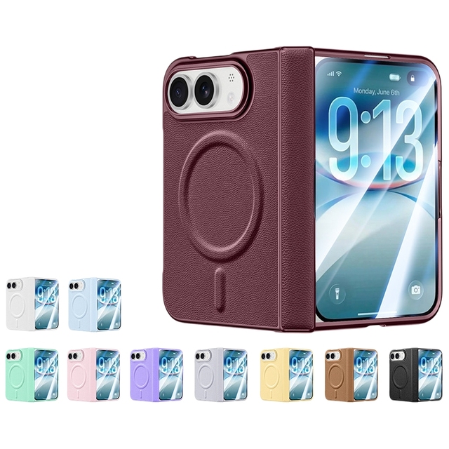 Genuine Leather Texture Magnetic Phone Case for iPhone 18 Duo 18 Fold, Front Back Integrated Screen Film Full Protective Cover