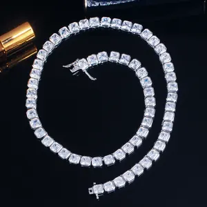 Luxury Silver Plated Very Sparkling Big Cubic Zircon Crystal Square Choker Tennis Necklace Jewelry for Women Party Accessories