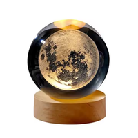 60mm cristal LED veilleuse 3D Laser gravé planète lune boule de verre bois artisanat pour la décoration intérieure boîtes en bois signes muraux