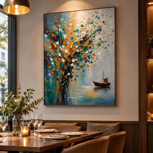 Quadro Dipinto a Mano con Albero Dorato su Sfondo Acquamarina, Paesaggio Costiero 3D con Barca a Vela, Arte Murale per Arredamento di Lusso - Product Image 1