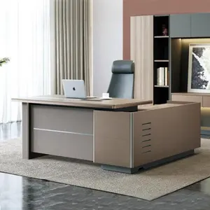 Vendita calda tavolo da ufficio di lusso moderno legno metallo Design Mdf marrone scrivania da ufficio direzionale a forma di L Ceo boss scrivania da ufficio