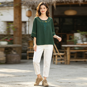 Women's Bohemian Knitted Blouse Crew Neck Three Quarter Sleeve Breathable Regular Fit Solid Green Spring Summer Casual Wear - Product Image 3