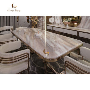 <span class=keywords><strong>Table</strong></span> à manger de luxe moderne haut de gamme en acier inoxydable doré, 8 places, <span class=keywords><strong>table</strong></span> à manger rectangulaire en marbre pour villa - Product Image 5
