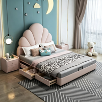 Rosa Muschelförmiges Leder-Kinderbett Massivholzrahmen Kinderzimmer Stauraum Gepolstertes Bett Mit Nachttischen