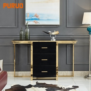 Table <span class=keywords><strong>console</strong></span> de maquillage en <span class=keywords><strong>bois</strong></span> avec ligne festonnée, peinture noire moderne, avec un long tiroir, pieds en métal doré pour le salon, écologique - Product Image 1